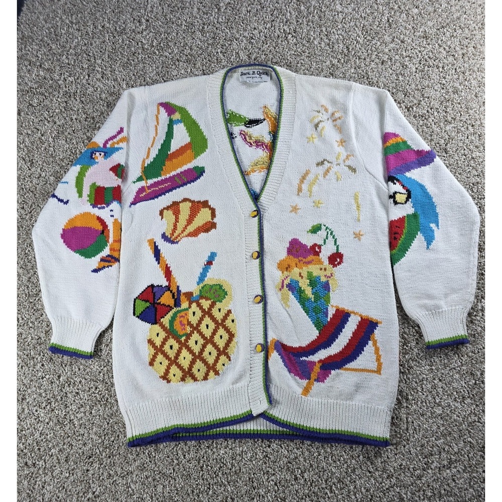 Vintage 90s Jack B. Quick Beach Party Cardigan Sweater Button Up Knit Size Large